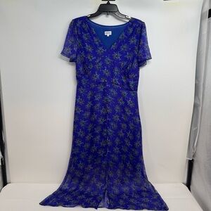 Brora Silk Chiffon Midi Dress Size UK 12 UK 12 Blue Lined V Neck Floral